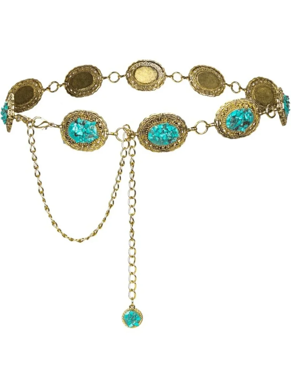 Retro Gold Metal Waist Chain with Turquoise Stone - Women's Punk Western Belt